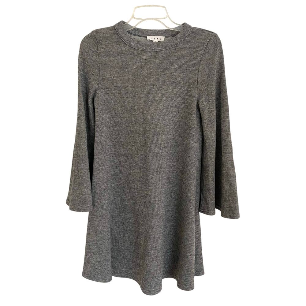 THML Gray Sweater Swing Dress Bell Sleeves Elbow Patches Crewneck XS